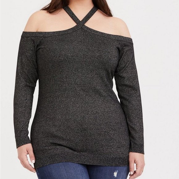 TORRID Plus Size 3X Pullover Cross Neck Cold Shoulder Sweater Gray glitter - Picture 1 of 4
